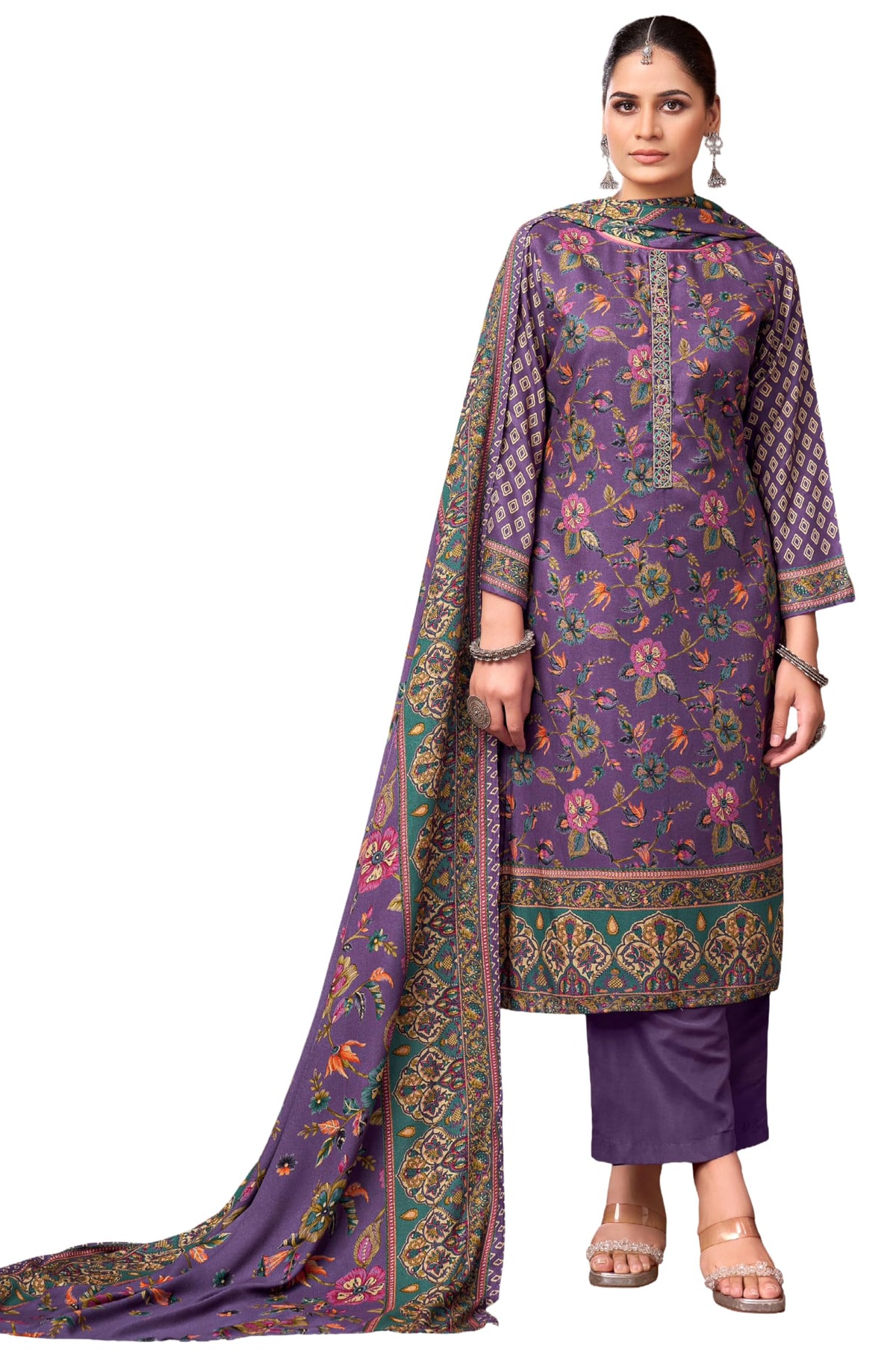 DRAVINAM Trends Women's Winter Wear Unstitched Discharge Print Embroidered Woollen Viscose Pashmina Salwar Suit Dress Material with Pashmina Printed Shawl Dupatta