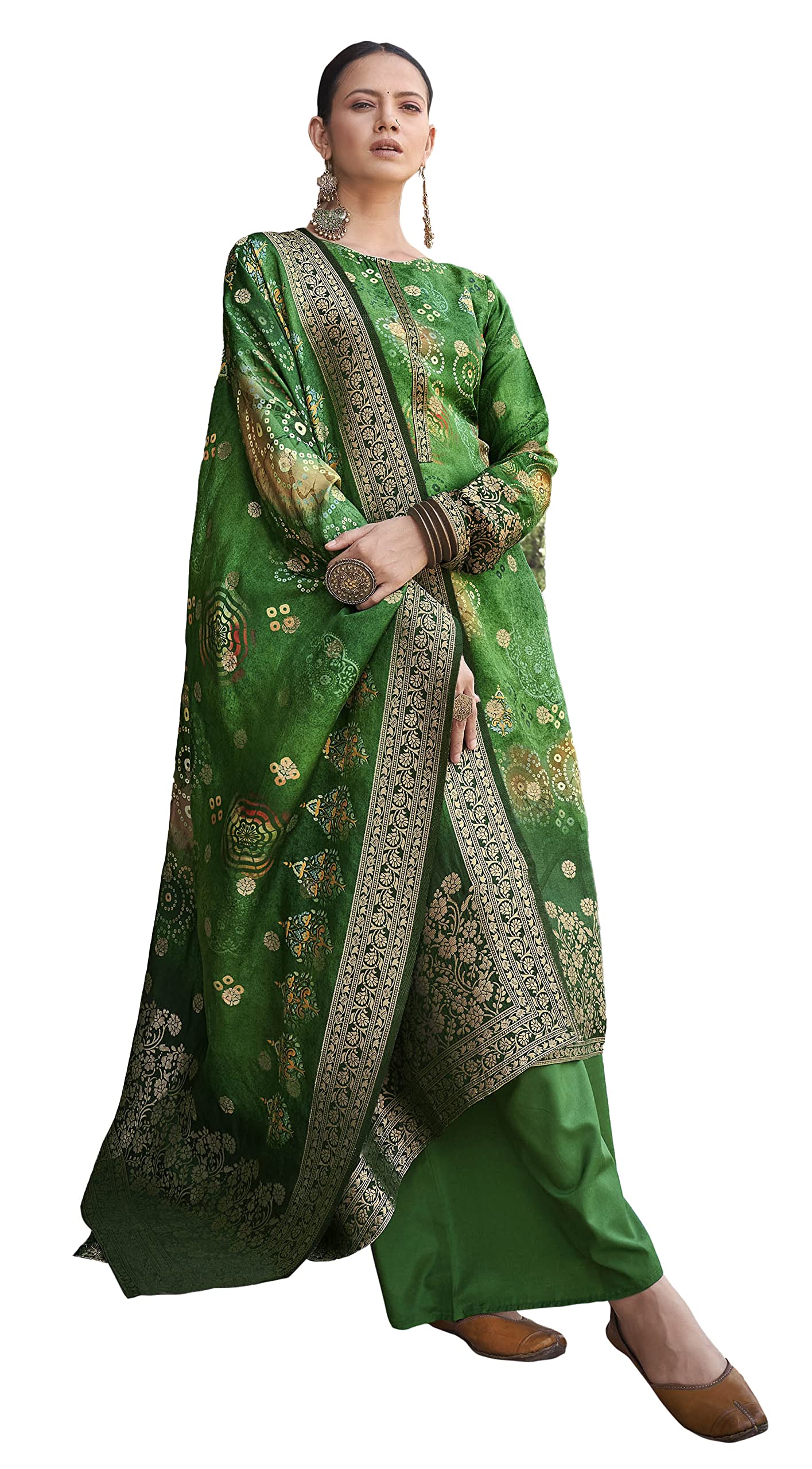 DRAVINAM Trends Women's Pure Dola Silk jacquard Bandhani Digital printed Sharara style Unstitched Suit Dress material with Pure Dola silk Woven Banarasi Dupatta (Free size_Pink)