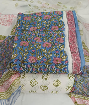 DRAVINAM Trends Hand Block Print Pure Cambric Cotton Unstitched Suit Material with Chiffon Hand Printed Dupatta