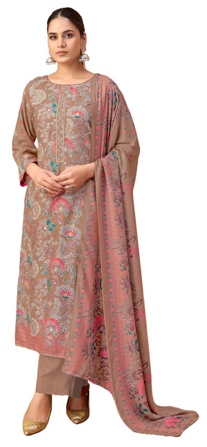 DRAVINAM Trends Women's Winter Wear Unstitched Discharge Print Hand Work Neck Embroidered Woollen Viscose Pashmina Salwar Suit Dress Material with Pashmina Printed Shawl Dupatta