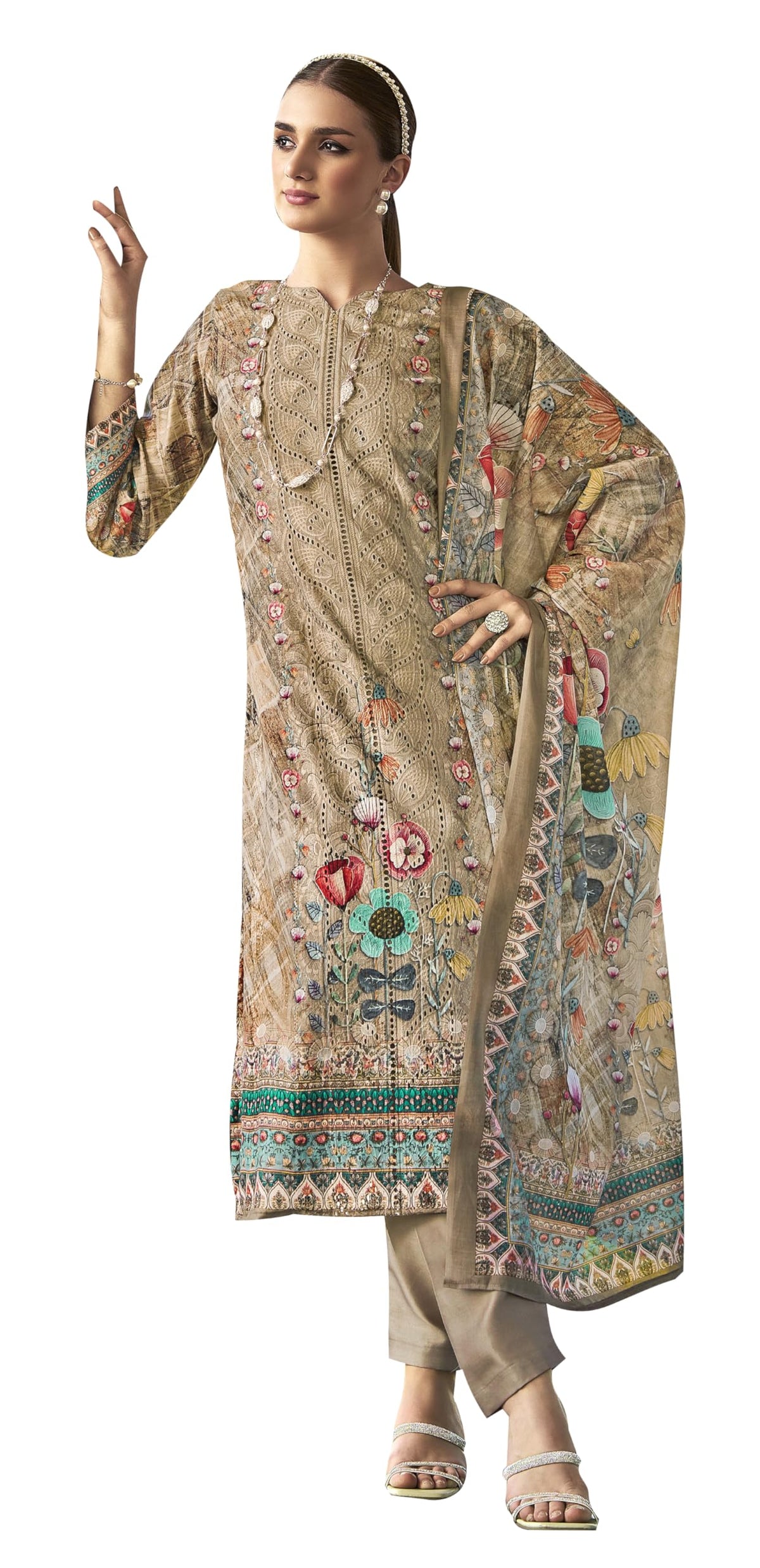 DRAVINAM Trends Women's Unstitched Salwar Suit Dress Material - Jam Cotton Digital Printed Heavy Embroidered Boring Work Kameez II Unstitch Bottoms II Cotton Dupatta