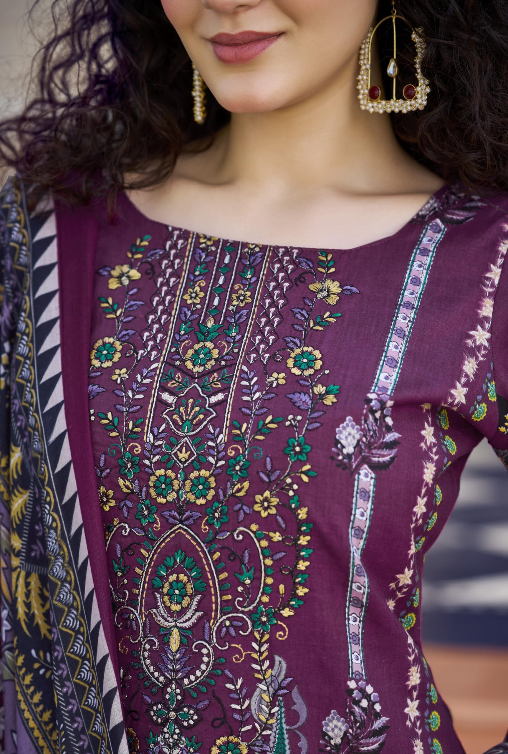 DRAVINAM Trends Pure Cotton Digital Print Pakistani Embroidered Suit Dress Material with Unstitched Bottoms and Cotton Dupatta