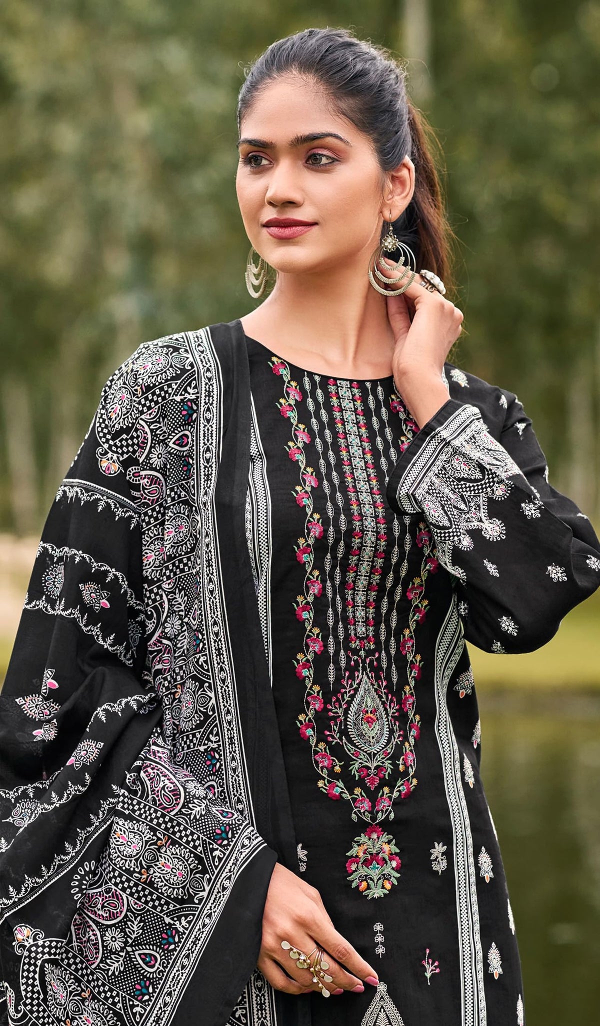 DRAVINAM Trends Women's Pakistani Print Embroidered Unstitcehd Pure Cambric Cotton Salwar Suit Dress Materials with Pure Cotton Printed Dupatta
