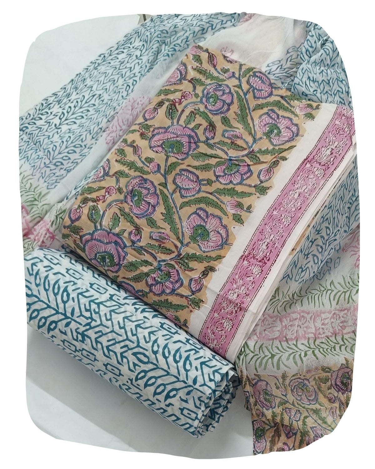 DRAVINAM Trends Hand Block Print Pure Cambric Cotton Unstitched Suit Material with Chiffon Hand Printed Dupatta