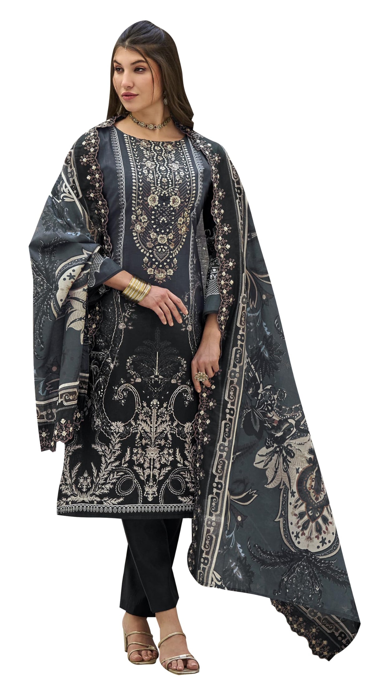 DRAVINAM Trends Women's Unstitched Pakistani Digital Print Embroidered Pure Cotton Salwar Suit Dress Materials with Cotton Embroidered Cutwork Dupatta