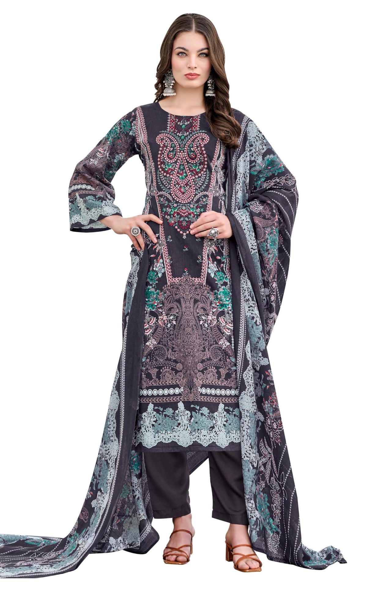 DRAVINAM Trends Women's Unstitched Salwar Suit Dress Material - Cotton Digital Printed Organza Embroidered Kameez II Unstitch Bottoms II Cotton Dupatta