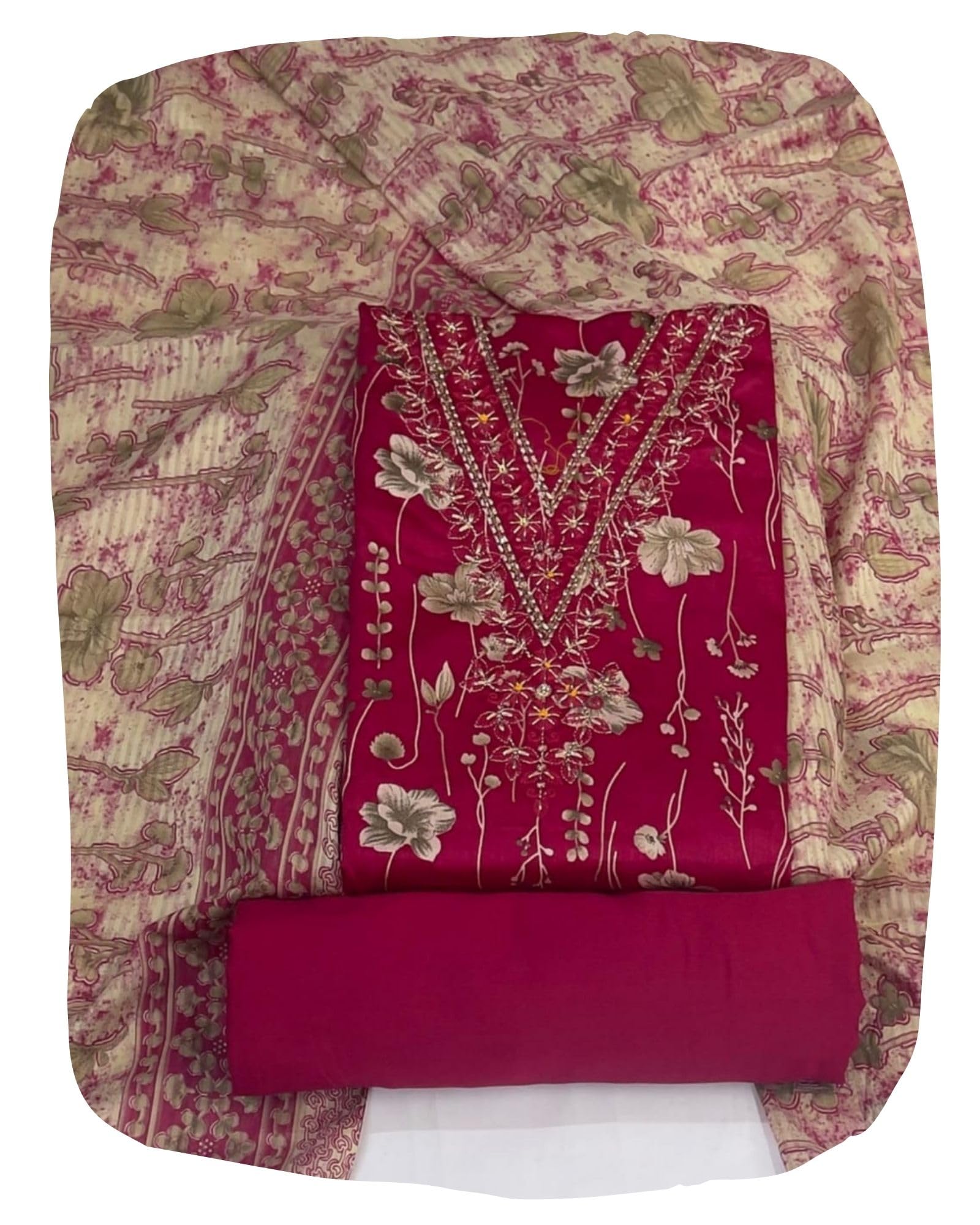 DRAVINAM Trends Women's Unstitched Jaam Cotton Dress Material | Printed Embroidered Unstitched Suit Set with Rayon Bottoms and Printed Dupatta