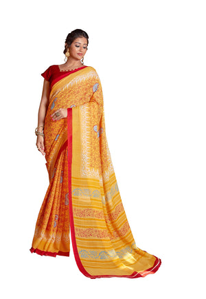 DRAVINAM Trends Women's Linen Printed Saree with Self Printed Blouse Piece (Yellow)