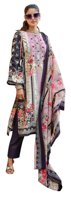 DRAVINAM Trends Women Unstitched Suit Set Material Karachi Lawn Cotton Pakistani Digital Printed Embroidered Kameez With Unstitched Bottoms And Cotton Dupatta, Pink