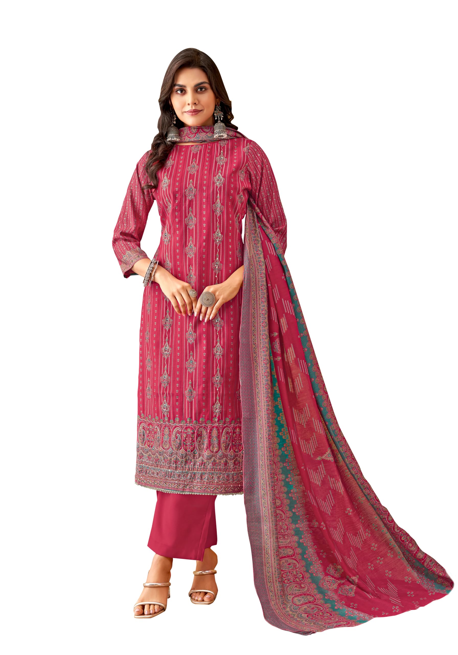 DRAVINAM Trends Women's Modal Unstitched Dress Material - Pure Modal Discharge Print top with Elegant Hand Work (2.5 m), Pure Modal Solid Bottom (2.8m), Viscose Modal Print Dupatta (2.25 m)