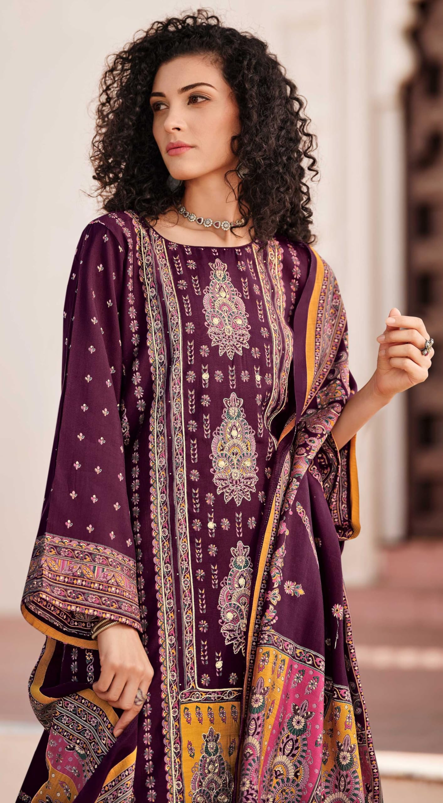DRAVINAM Trends Women's Unstitched Pure Maslin Digital Foil Printed Pakistani Embroidered Suit Dress Material with Unstitched Maslin Bottoms and Maslin Dupatta