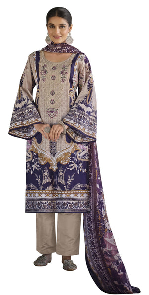 DRAVINAM Trends Women's Stitched Digital Style Print Embroidered Pure Cotton Kurta Pant Suit Set II Solid Pants II Printed Malmal Dupatta (XL / 42)
