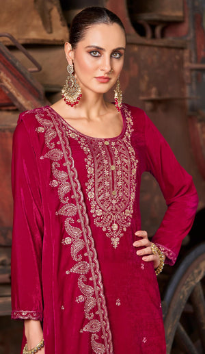 DRAVINAM Trends Women's Unstitched Premium Pure Velvet Embroidered Salwar Suit Dress Material With Dupatta and Unstitch Bottoms