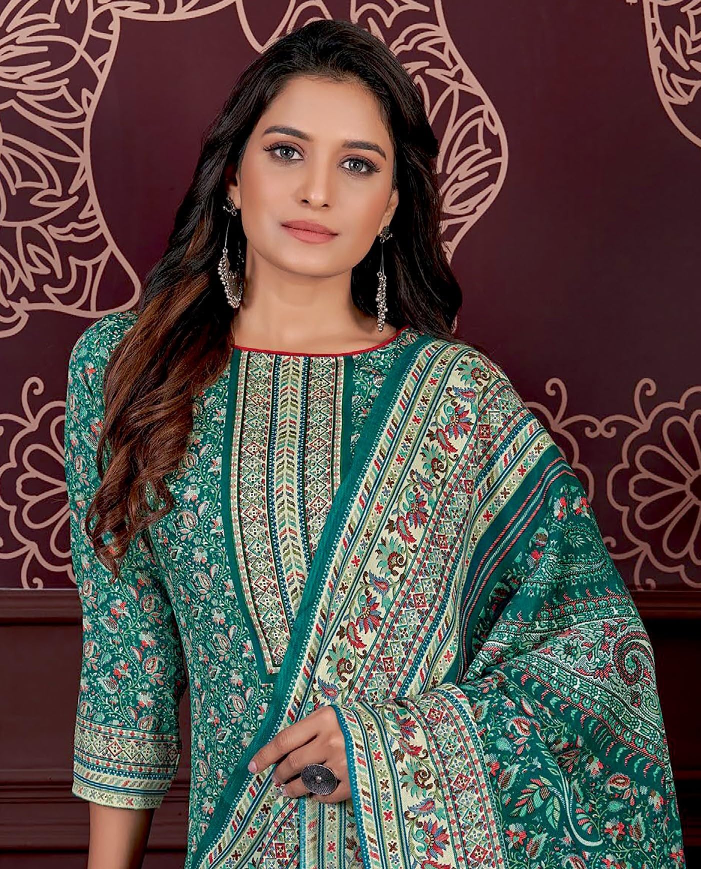 DRAVINAM Trends Women's Unstitched Kaani Digital Print Swaroski Work Spun Pashmina Winter wear Dress Material Fabric for Salwar Suit with printed Pashmina Kashmiri shawl dupatta (Free size)
