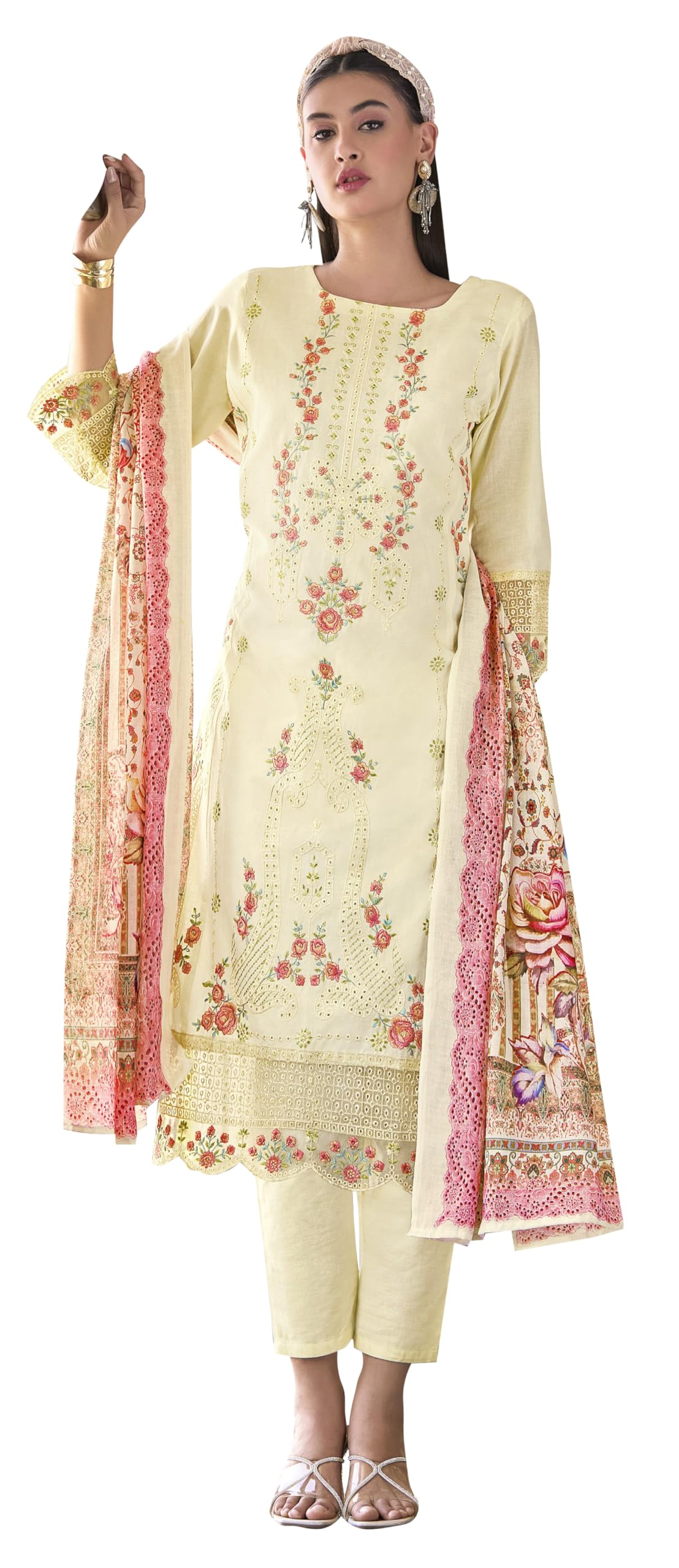 DRAVINAM Trends Women's Unstitched Lawn Cotton Karachi Embroidered Suit Material - Lawn Cotton Heavy Karachi Embroidered Shirt with Heavy Daman Work II Cotton Bottoms II Cotton Digital Printed Dupatta