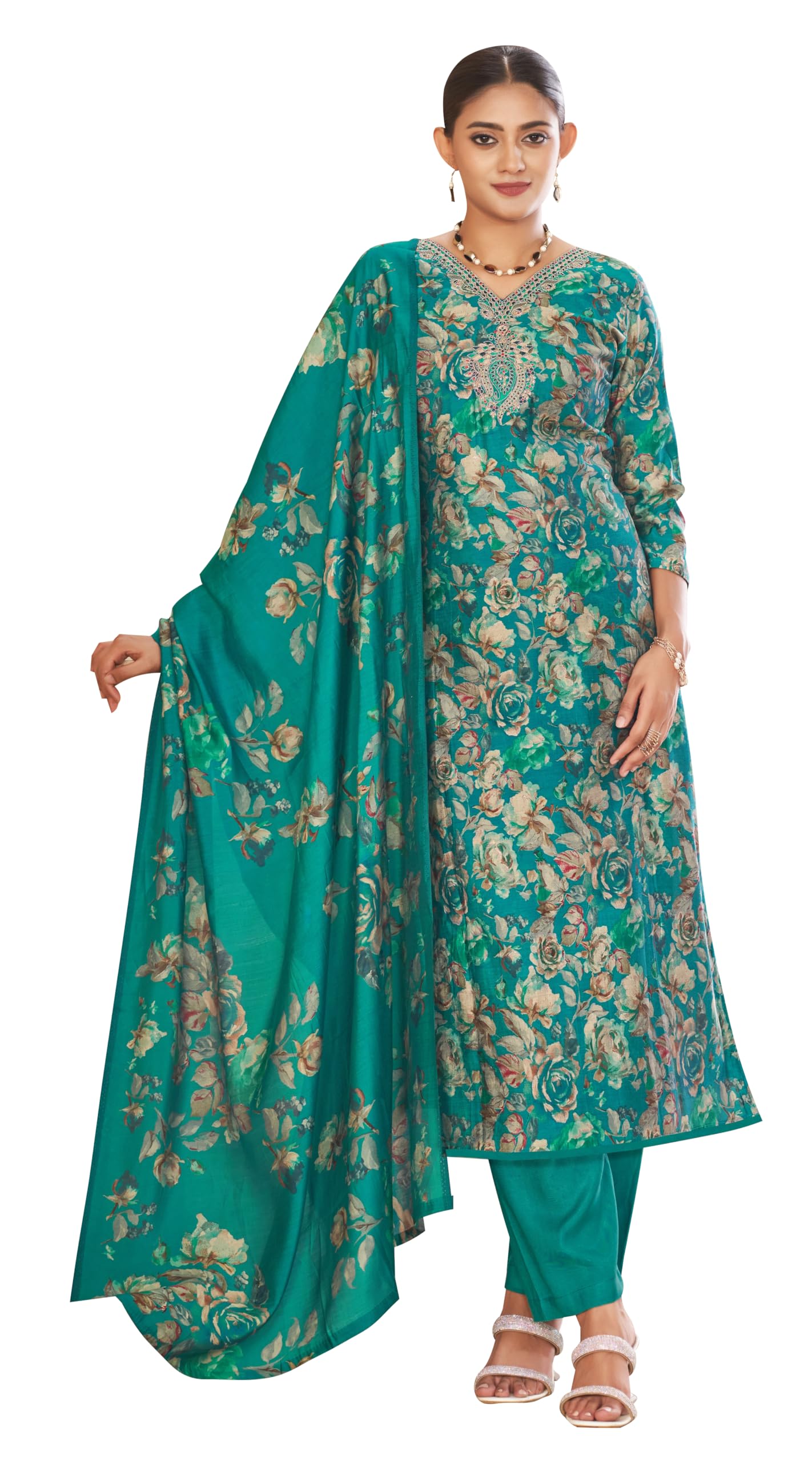DRAVINAM Trends Women's Unstitched Maslin Salwar Suit Dress Material - Pure Viscose Modal Maslin Embroidered Kameez II Unstitch Bottoms II Viscose Modal Maslin Digital Prints Dupatta