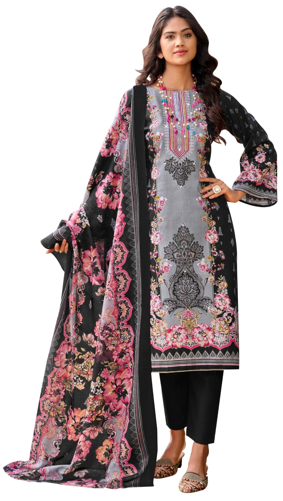 DRAVINAM Trends Women's Unstitched Jam Cotton Hand Embroidered Suit Material - Pure Jam Cotton Printed Hand Embroidered Kameez II Cotton Bottoms II Cotton Malmal Printed Dupatta