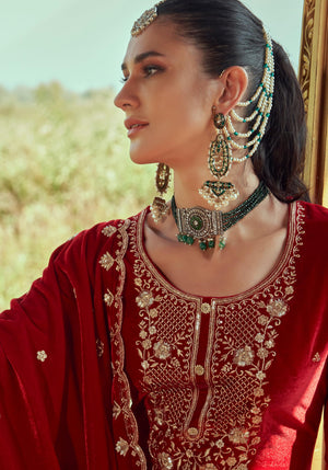 DRAVINAM Trends Women's Red Velvet Embroidered Salwar Suit Dress Material with Dupatta and Unstitched Bottoms