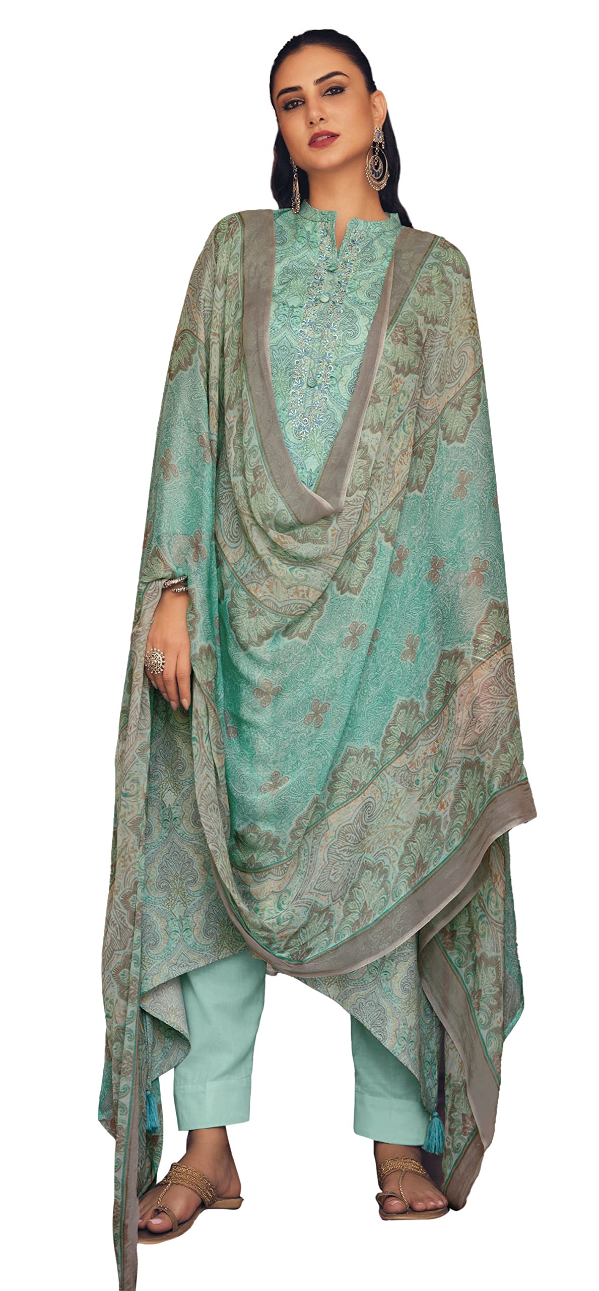 DRAVINAM Trends Women's Digital Printed Cambric Cotton Embroidered Unstitched Salwar Suit Dress Material with Japan Chiffon/ Half Pure Digital Printed Chunni / Dupatta (Sea Green)