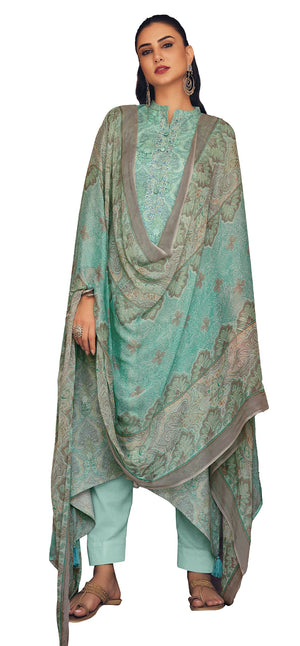 DRAVINAM Trends Women's Digital Printed Cambric Cotton Embroidered Unstitched Salwar Suit Dress Material with Japan Chiffon/Half Pure Digital Printed Chunni/Dupatta (Sea Green)