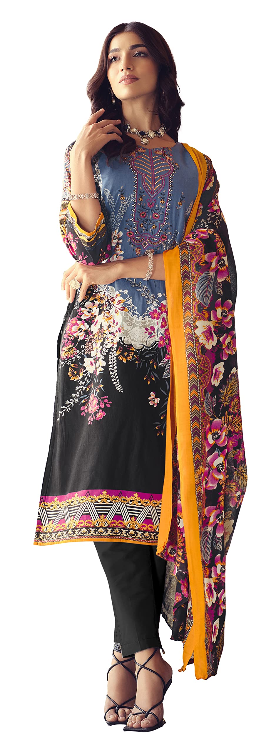 DRAVINAM Trends Unstitched Pakistani Print Embroidered Cotton Salwar Suit Dress Materials with Dupatta