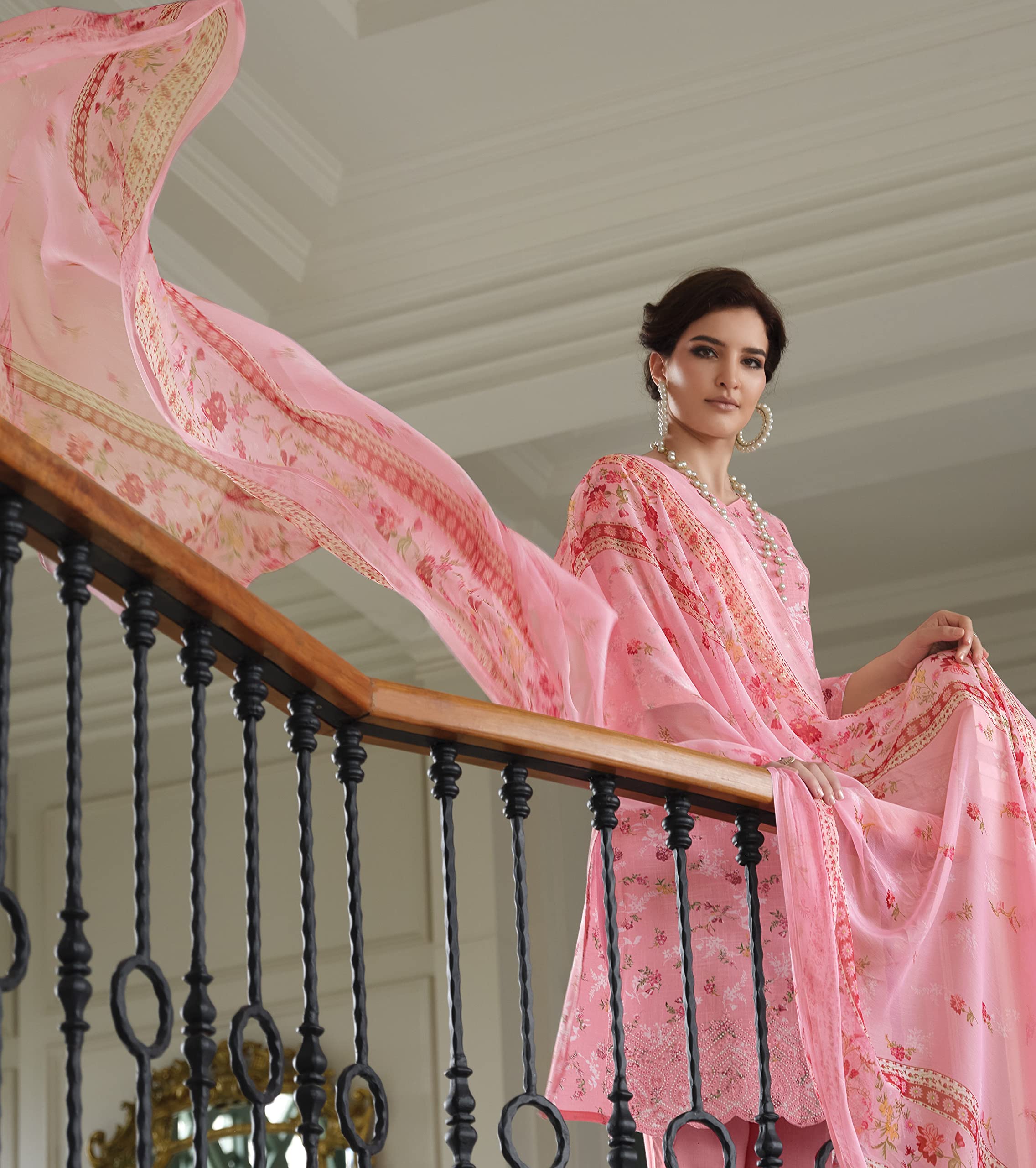 DRAVINAM Trends Unstitched Printed Embroidery Work Cotton Salwar Suits Dress Material with Chiffon Dupatta (Pink)