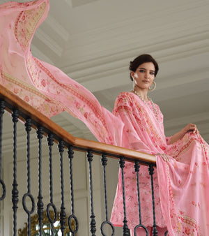 DRAVINAM Trends Unstitched Printed Embroidery Work Cotton Salwar Suits Dress Material with Chiffon Dupatta (Pink)