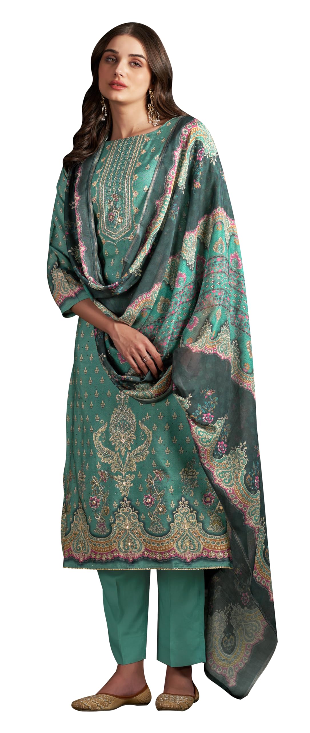 DRAVINAM Trends Women's Unstitched Maslin Salwar Suit Dress Material - Pure Bemberg Maslin Aari Work Kameez II Rayon Unstitch Bottoms II Viscose Maslin Digital Prints Dupatta