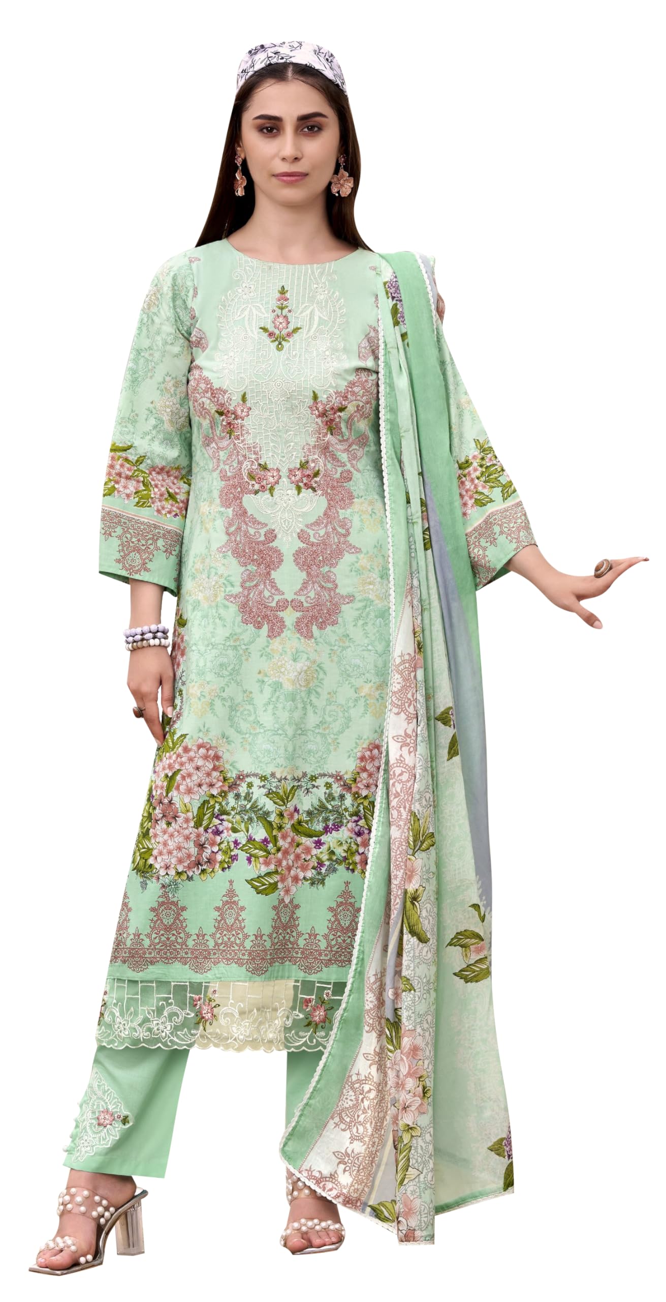 DRAVINAM Trends Women's Unstitched Salwar Suit Dress Material - Cotton Digital Printed Organza Embroidered Kameez II Unstitch Bottoms II Cotton Dupatta
