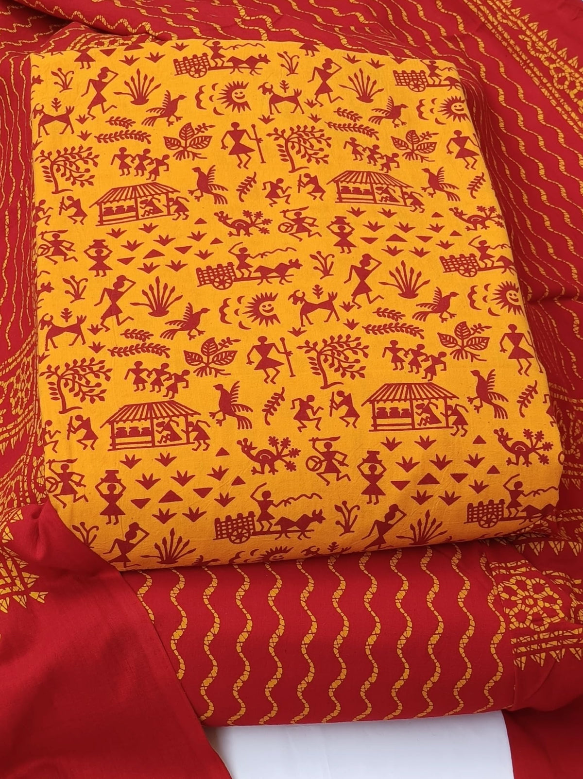 DRAVINAM Trends Women's Premium Cotton Unstitched Salwar Suit Dress Material Set | Traditional Rajasthani Gujari Block Print (Red & Mustard Yellow)