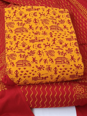 DRAVINAM Trends Women's Premium Cotton Unstitched Salwar Suit Dress Material Set | Traditional Rajasthani Gujari Block Print (Red & Mustard Yellow)