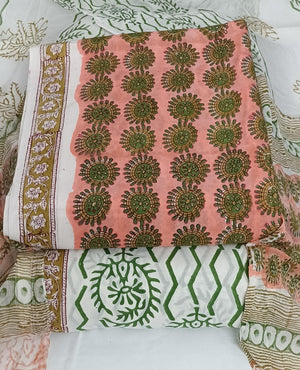 DRAVINAM Trends Hand Block Print Cambric Cotton Unstitched Salwar Suit Set for Women with Pure Chiffon Hand Printed Dupatta