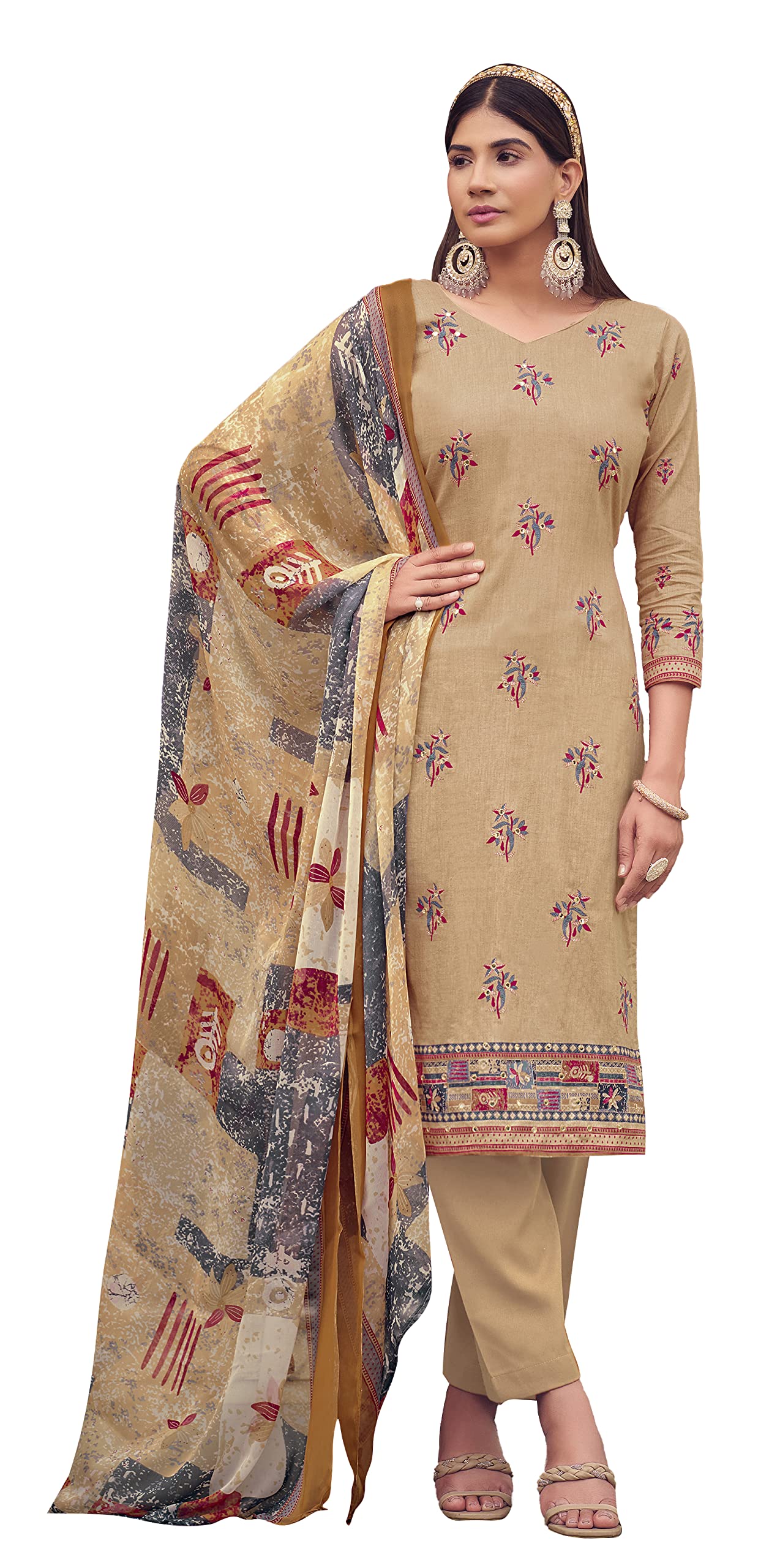 DRAVINAM Trends Unstitched Printed Mirror Work Cotton Salwar Suits Dress Material with Chiffon Dupatta (Green)