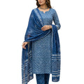 Traditional Indigo Dabu Hand Block Print Cotton Salwar Suit Material with Pure Chiffon Hand Printed Dupatta