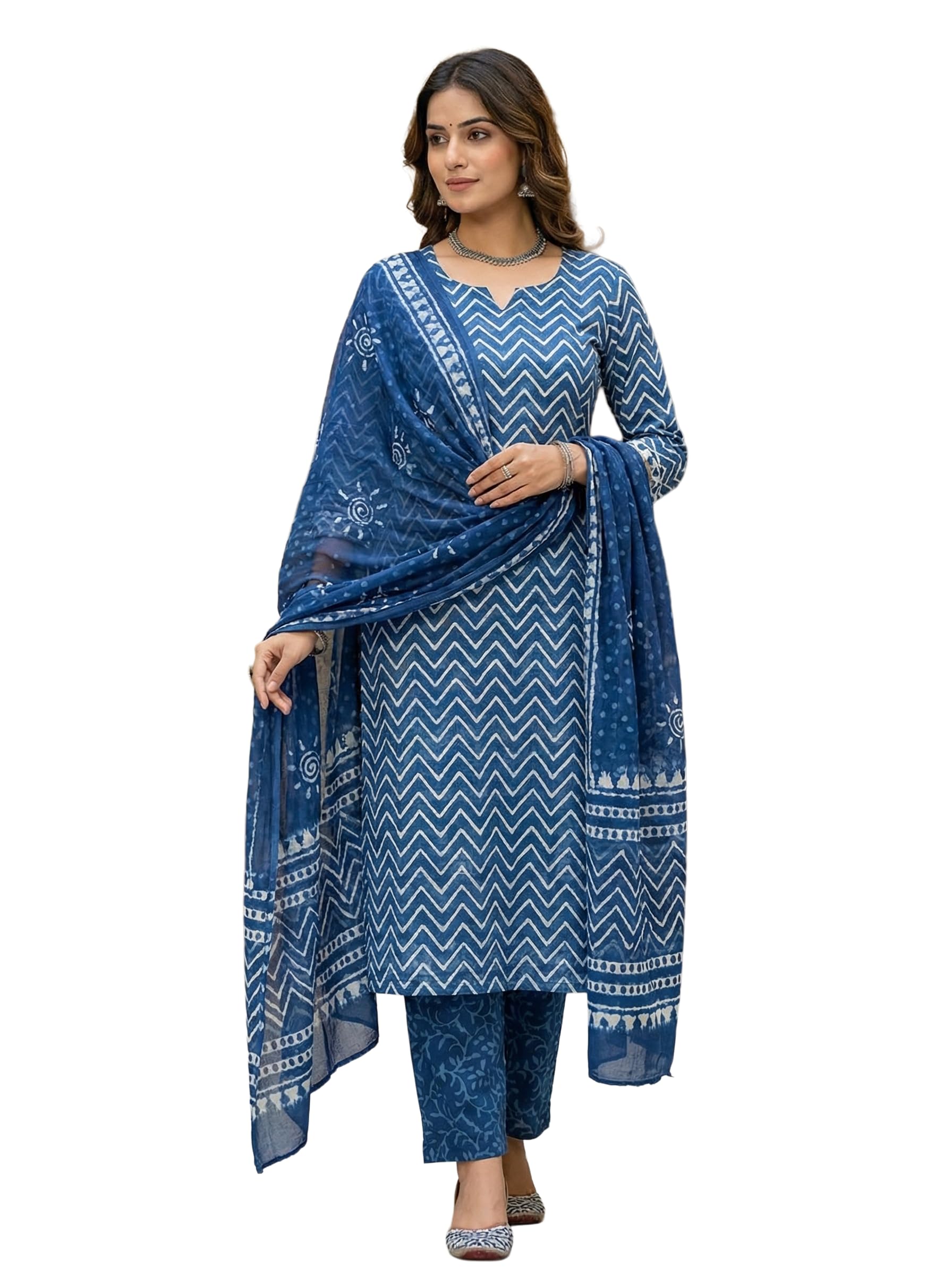 Traditional Indigo Dabu Hand Block Print Cotton Salwar Suit Material with Pure Chiffon Hand Printed Dupatta