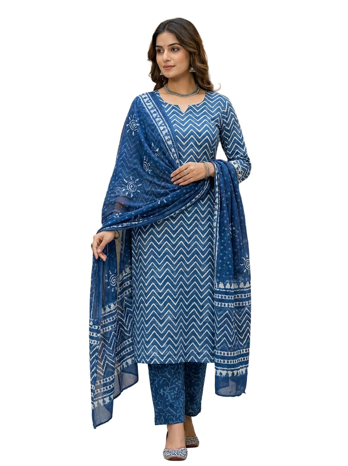 DRAVINAM Trends Hand Block Print Cambric Cotton Unstitched Salwar Suit Set for Women with Pure Chiffon Hand Printed Dupatta