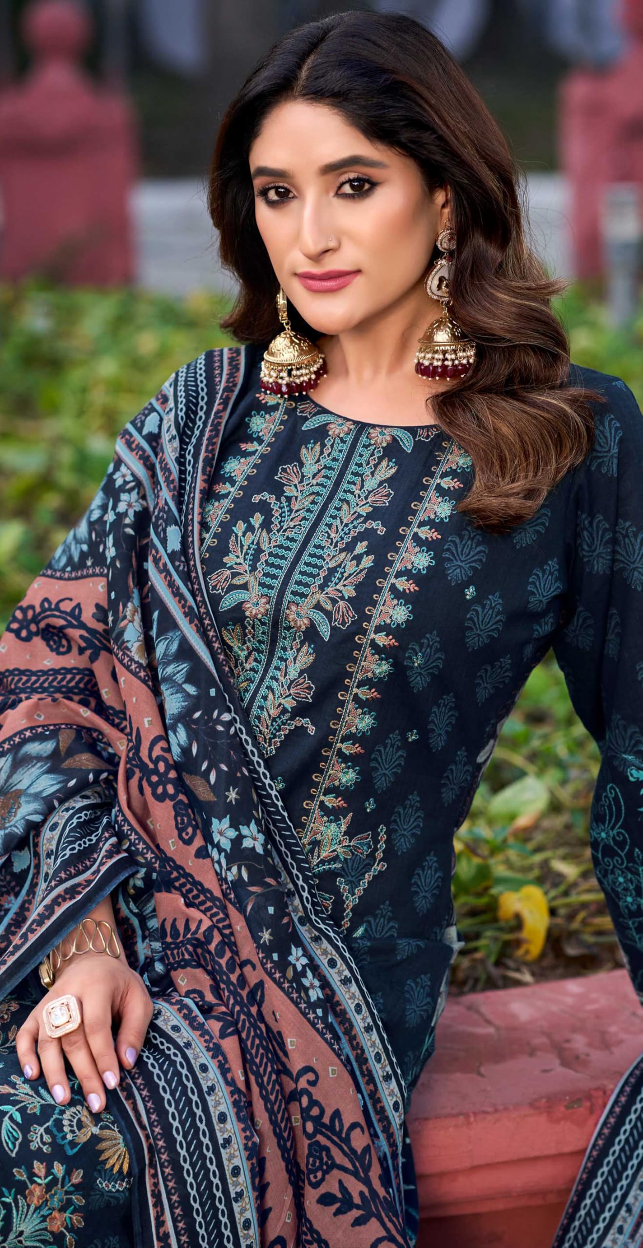 DRAVINAM Trends Lawn Cotton Pakistani Embroidered Suit Dress Material with Unstitched Bottoms and Cotton Dupatta