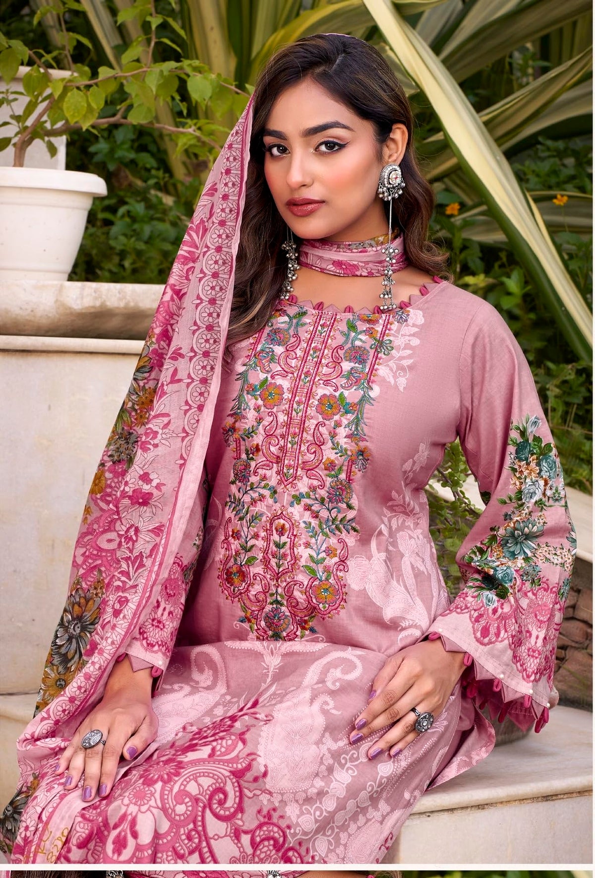 DRAVINAM Trends Women's Unstitched Cotton Suit Dress Material -Embroidered Digital Print Top II Plain Bottoms II Digital Print Dupatta