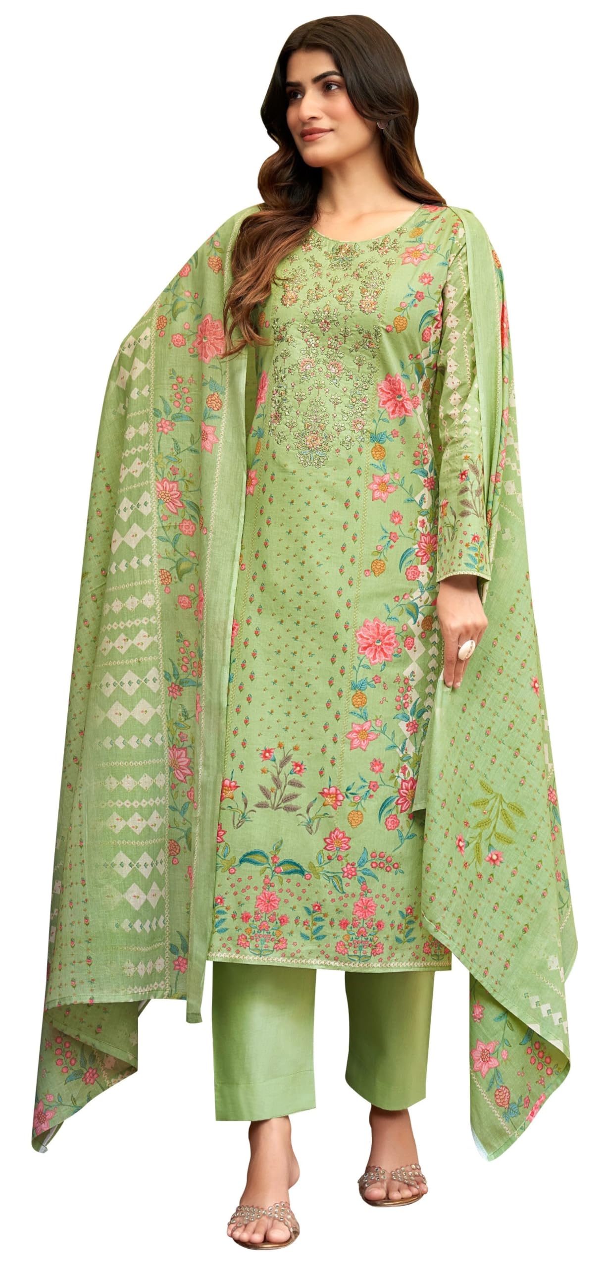 DRAVINAM Trends Women's Unstitched Salwar Suit Dress Material - Cotton Digital Printed Organza Embroidered Kameez II Unstitch Bottoms II Cotton Dupatta