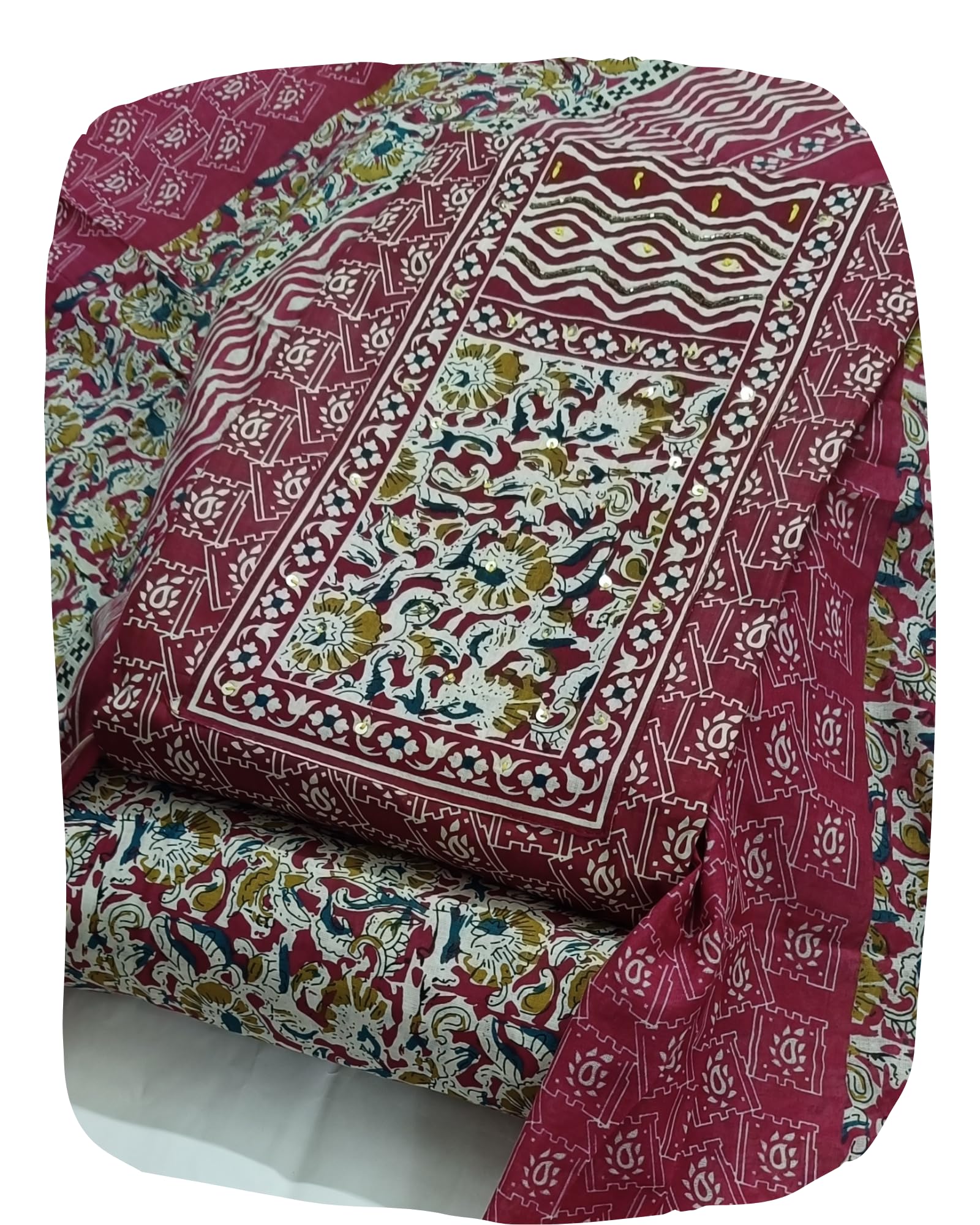 DRAVINAM Trends Women's Cambric Cotton Dress Material | Unstitch Kalamkari Printed Suit Set with Cotton Dupatta