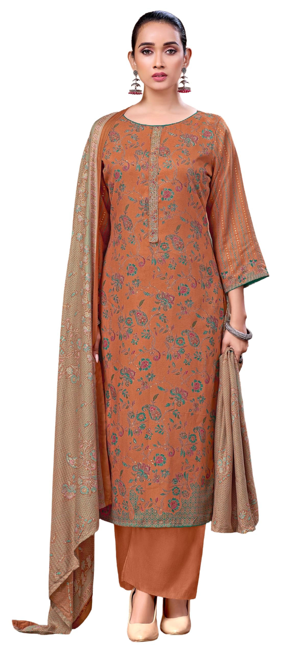 DRAVINAM Trends Women's Winter Wear Unstitched Discharge Print Hand Work Neck Embroidered Woollen Viscose Pashmina Salwar Suit Dress Material with Pashmina Printed Shawl Dupatta