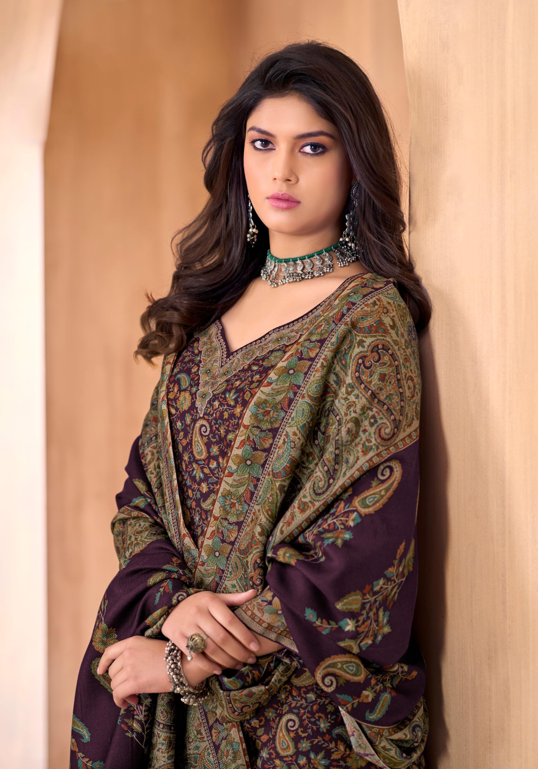 DRAVINAM Trends Women's Unstitched Winter Wear Kashmiri Kani Printed Swaroski Work Heavy Woolen Pashmina Salwar Suit Dress Material with Printed Shawl Dupatta