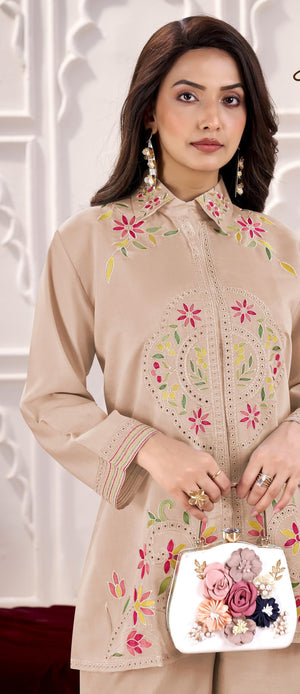 DRAVINAM Trends Women's Stitched Embroidered Pure Roman Silk Co-ord Set II Embroidered Collar Neck Shirt Style Silk Top II Solid Pants (L / 40)