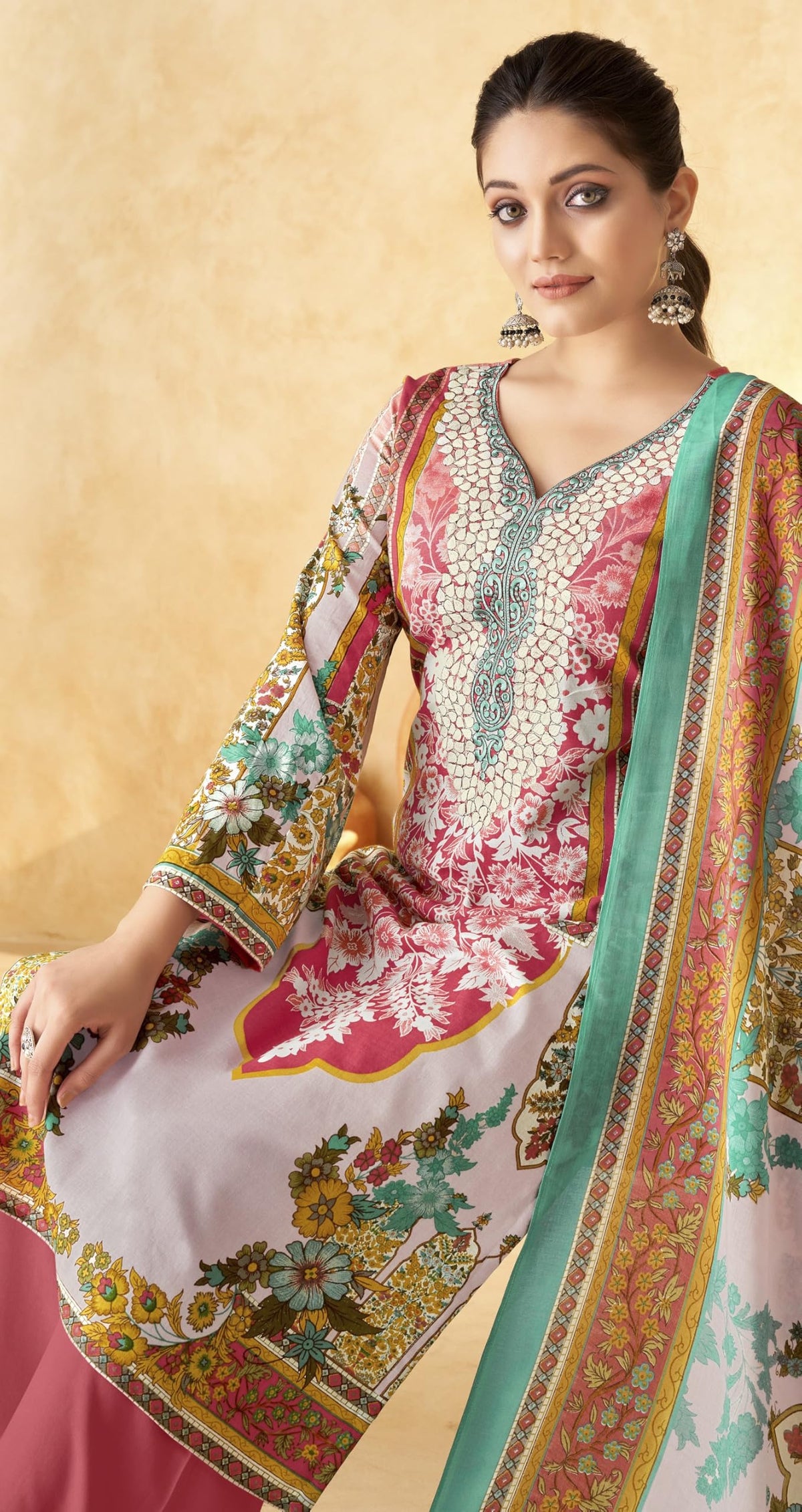 DRAVINAM Trends Women's Pakistani Digital Print Embroidered Unstitcehd Pure Cambric Cotton Salwar Suit Dress Materials with Cotton Printed Dupatta