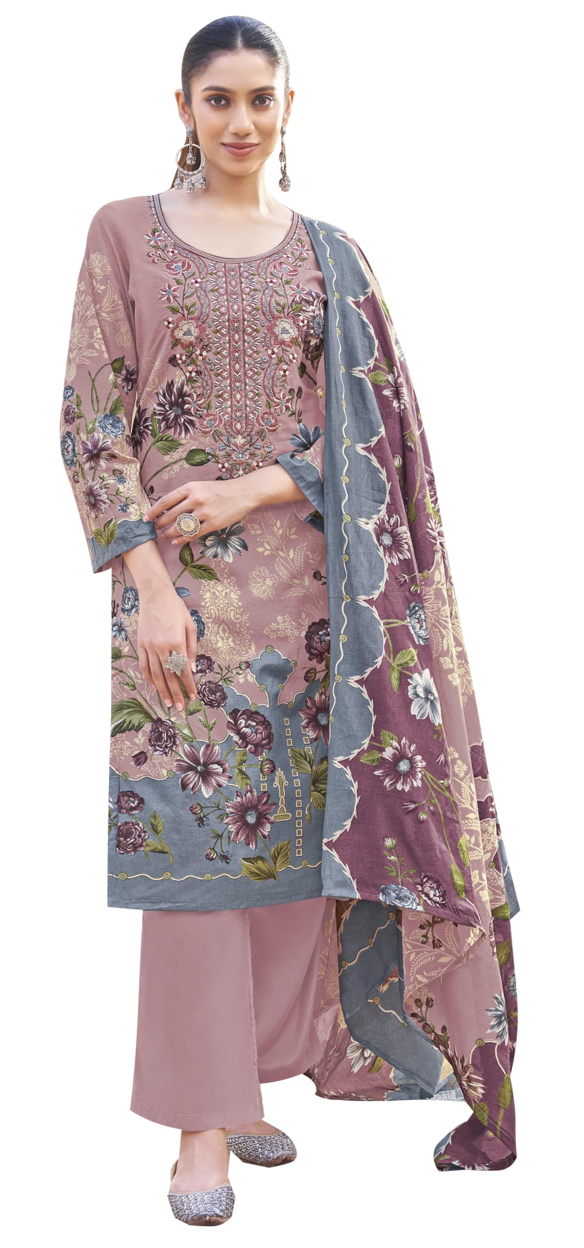 DRAVINAM Trends Women's Unstitched Premium Cambric Cotton Embroidered Printed Suit Material