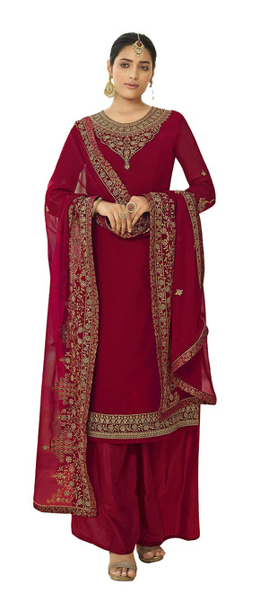 DRAVINAM Trends Women's Heavy Embroidered Pure Georgette Sharara Salwar Suit Dress Material with Heavy Embroidered Pure Georgette Dupatta (Free size_Maroonish red)