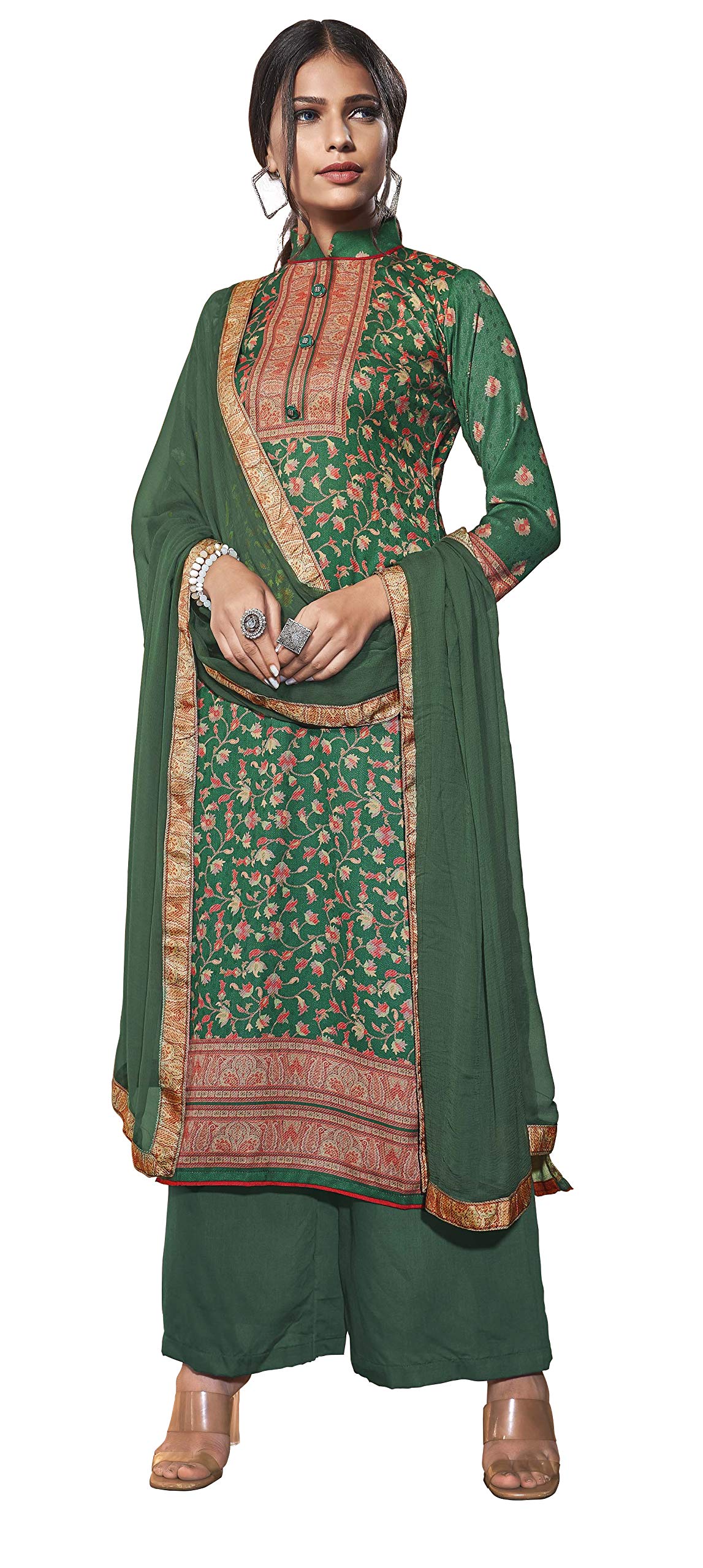 DRAVINAM Trends Women's winter wear Kashmiri pure pashmina wool winter wear dress material with pure bemberg lace dupatta (green)