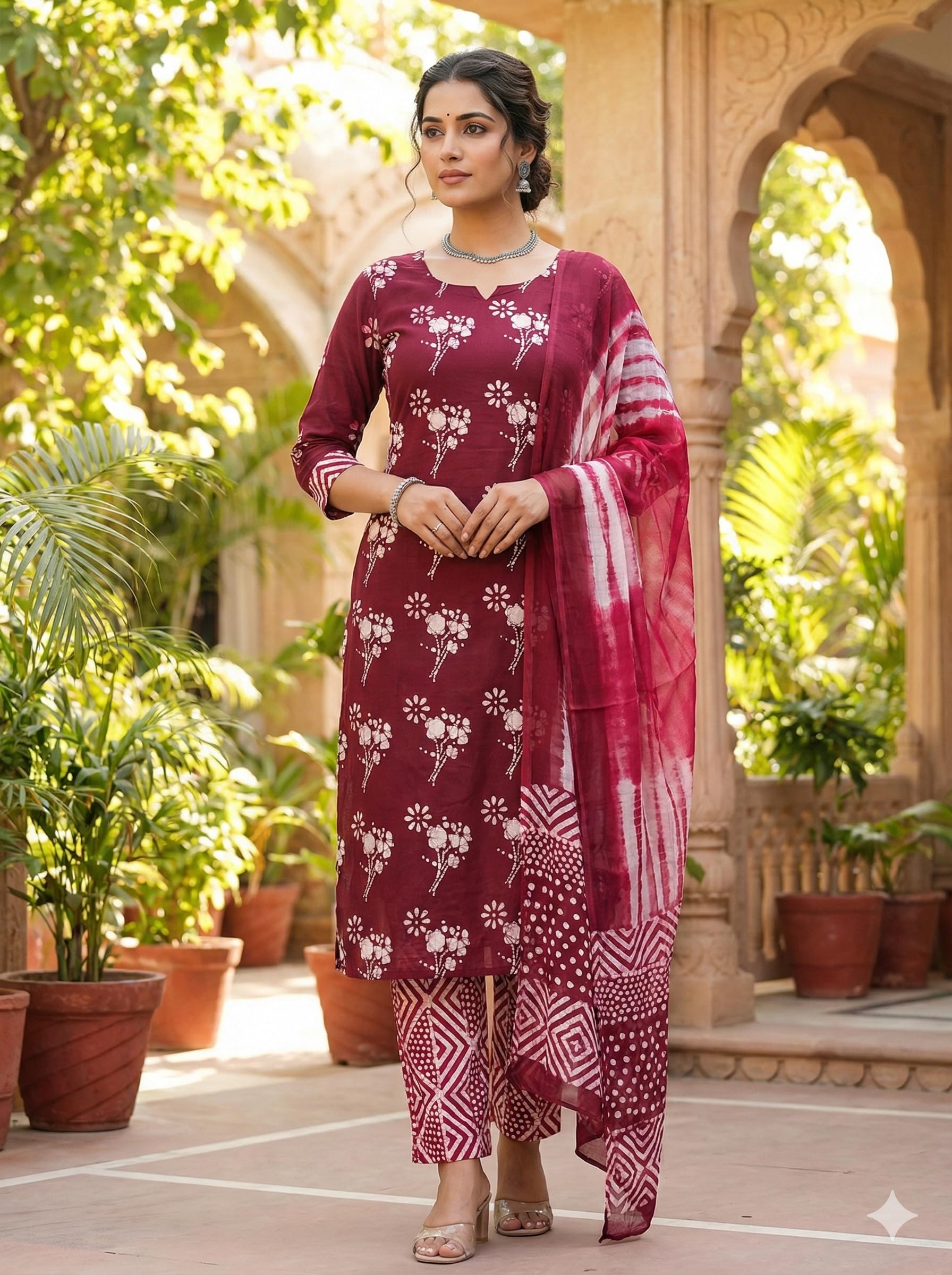 DRAVINAM Trends Hand Block Print Cambric Cotton Unstitched Salwar Suit Set for Women with Pure Chiffon Hand Printed Dupatta