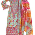 DRAVINAM Trends Unstitched Cotton Suit Dress Material Set: Pakistani Print Top Fabric with Embroidery | Customizable Solid Bottoms | Cotton Fancy Dupatta