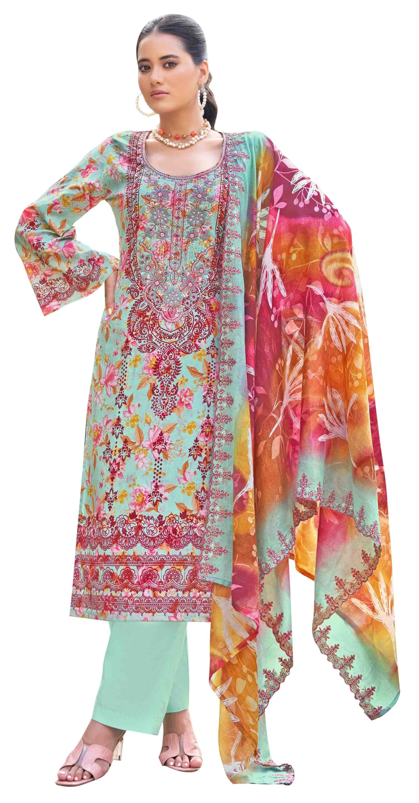 DRAVINAM Trends Unstitched Cotton Suit Dress Material Set: Pakistani Print Top Fabric with Embroidery | Customizable Solid Bottoms | Cotton Fancy Dupatta